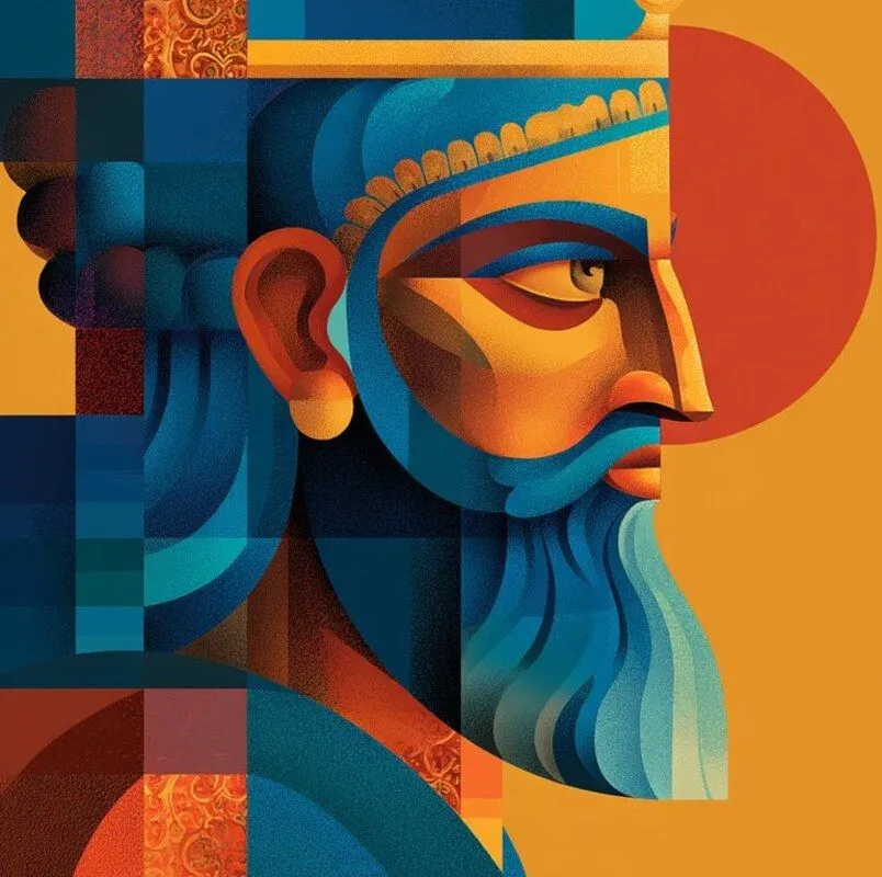 古代ペルシャの王キュロスを描いた幾何学的なイラスト